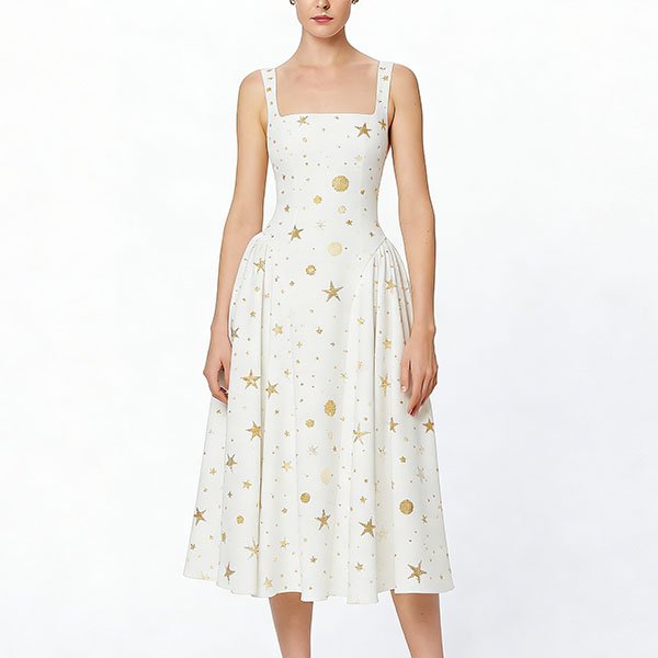 Women's long sleeveless spaghetti strap dress with simple gold star design