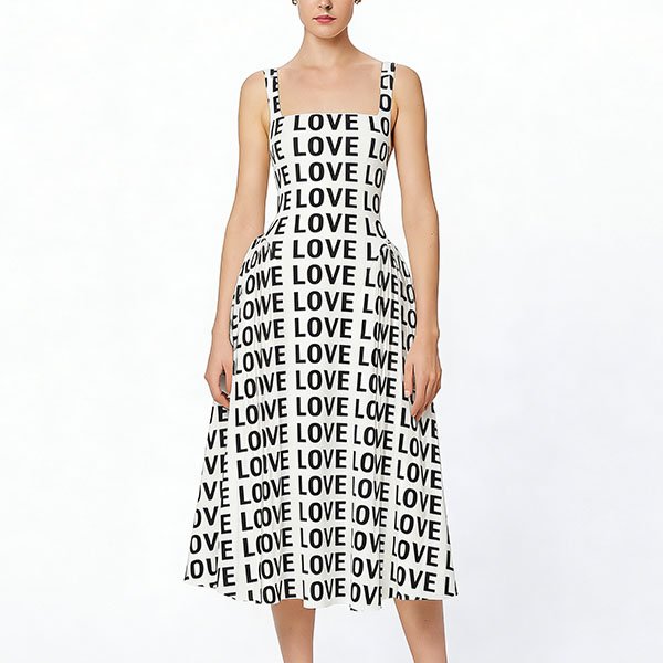 Women's long sleeveless spaghetti strap dress with minimalist LOVE design