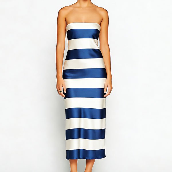Women's off-shoulder satin blue and white striped vintage dress