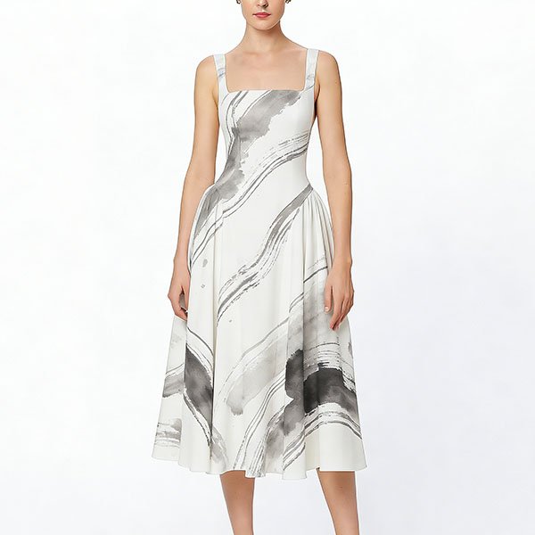 Women's long sleeveless spaghetti strap dress with minimalist ink painting style