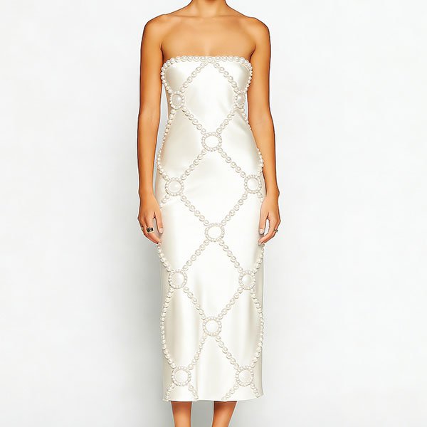 Women's off-shoulder satin pearl-embellished dress